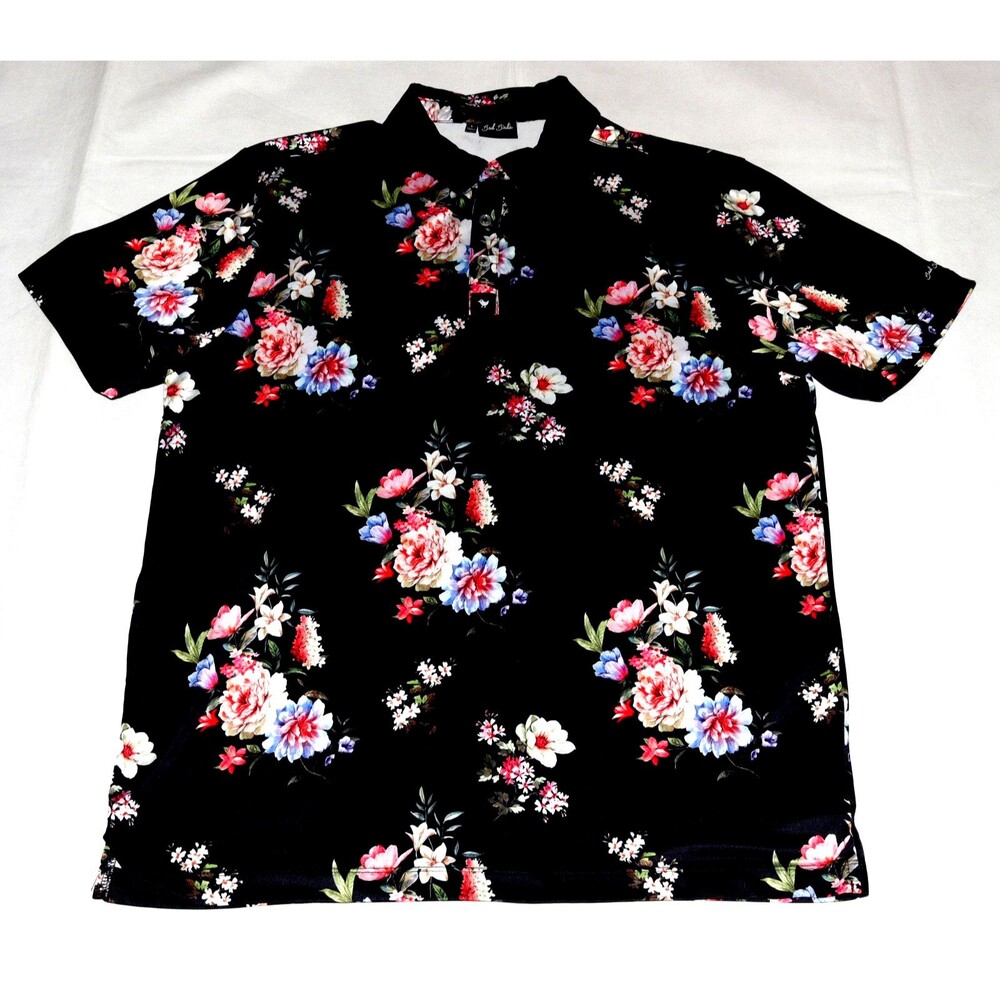 Bad Birdie Men's Short Sleeve Floral Golf Casual Stretch Polo Shirt Size Large